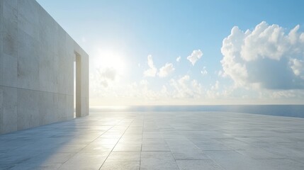 Empty Terrace with Ocean View. Minimalist Space on Platform Overlooking Water