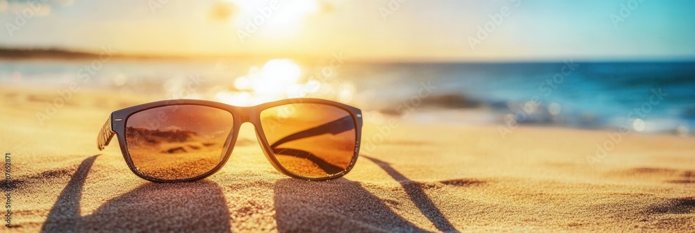 Aufkleber Sunset reflecting in sunglasses on sandy beach with ocean waves in the background during golden hour in summer Generative AI