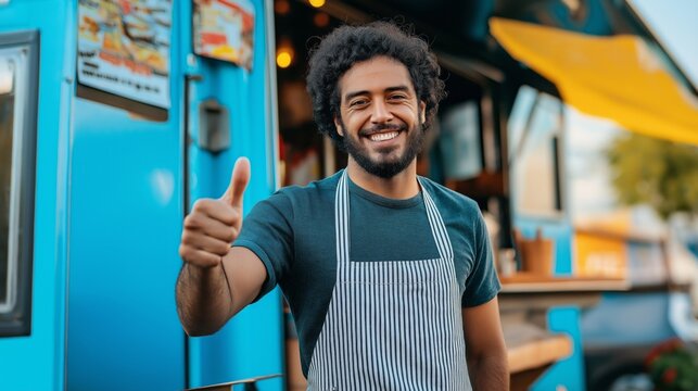 With a warm smile and a cheerful gesture, a man with curly hair stands proudly by his colorful food truck, inviting locals to enjoy delicious meals in the bright sunshine