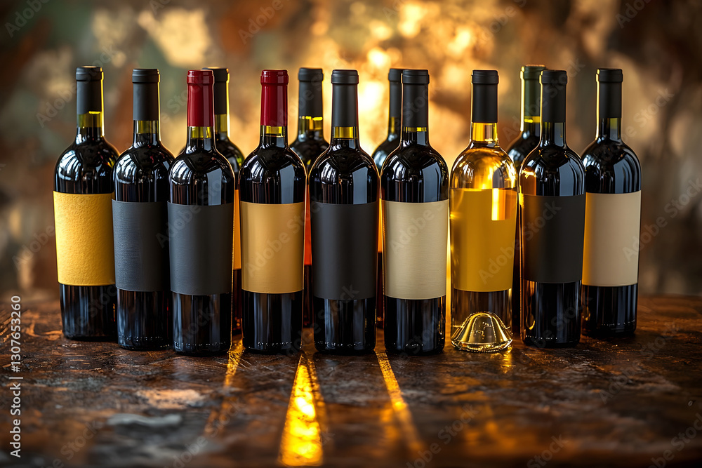 Poster collection of various wine bottles arranged on a rustic wooden surface. generative ai.