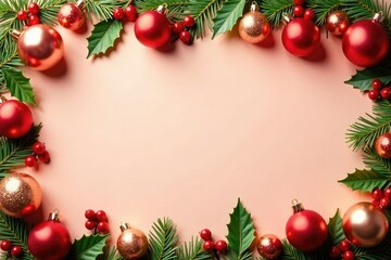 Peach colored background with red gold garland, decorations, holly, peach