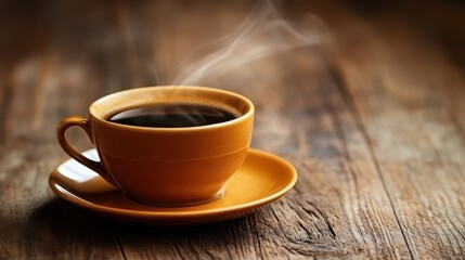 Fototapeta premium Steaming Cup of Fresh Coffee on Rustic Wood Table for Morning Energy