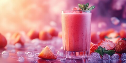 Refreshing strawberry smoothie with ice cubes and fresh fruit in a tropical setting during sunset