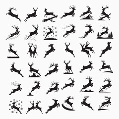 Collection of Graphic black silhouettes of wild deers male, female, and roe deer. Graphic black silhouettes of wild deers – male, female and roe deer