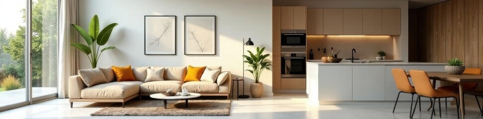 Bright airy living space with integrated kitchen Modern furniture, soft lighting , glass, kitchen