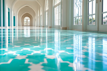 Luxurious teal-tiled hallway in a grand building, sunlight streaming through large windows, reflecting on the polished floor. Ideal for architecture, interior design, or travel publications