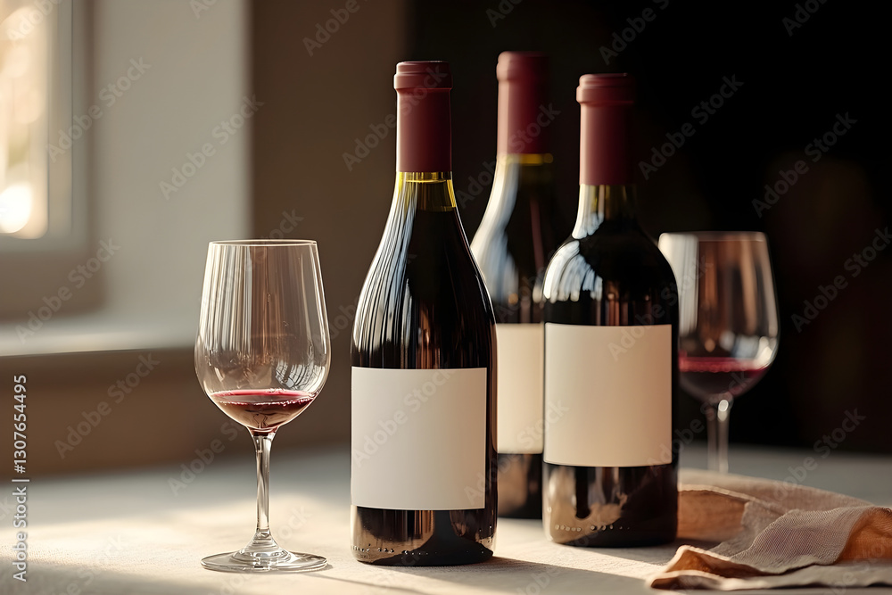 Poster collecting different types of wine bottles on a simple dining table. generative ai.