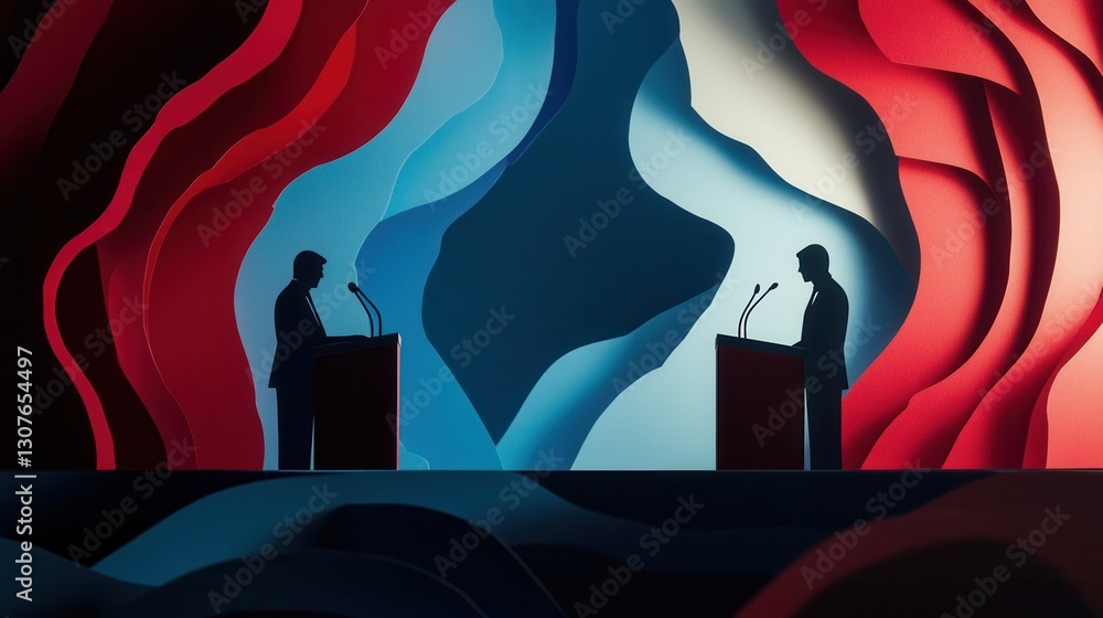 Leinwandbilder dynamic political debate backdrop featuring bold paper art silhouettes and abstract waves creating a