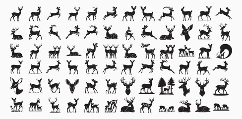 Collection of Graphic black silhouettes of wild deers male, female, and roe deer. Graphic black silhouettes of wild deers – male, female and roe deer