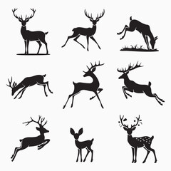 Collection of Graphic black silhouettes of wild deers male, female, and roe deer. Graphic black silhouettes of wild deers – male, female and roe deer