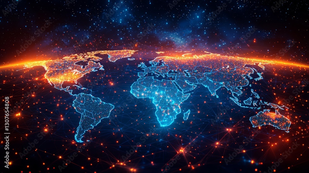 Poster high-tech global network featuring bright, animated lines that connect different parts of a 3d world