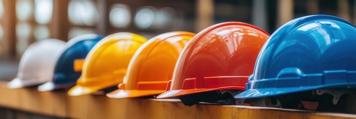 Colorful hard hats lined up on a workbench in a construction area during daylight hours Generative AI