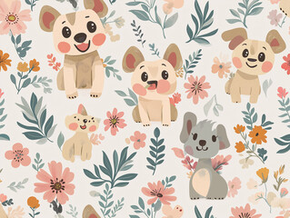 Seamless Pattern of Cute Cartoon Dogs, prints and colorful elements, perfect for children's design, wallpapers