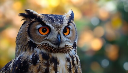 Fototapeta premium Close-up of an owl with bright orange eyes against a blurred autumn background.