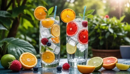 Refreshing Citrus Splash in Clear Glasses with Ice and Fresh Fruit Garnish on a Sunny Day in a Lush Green Garden Setting
