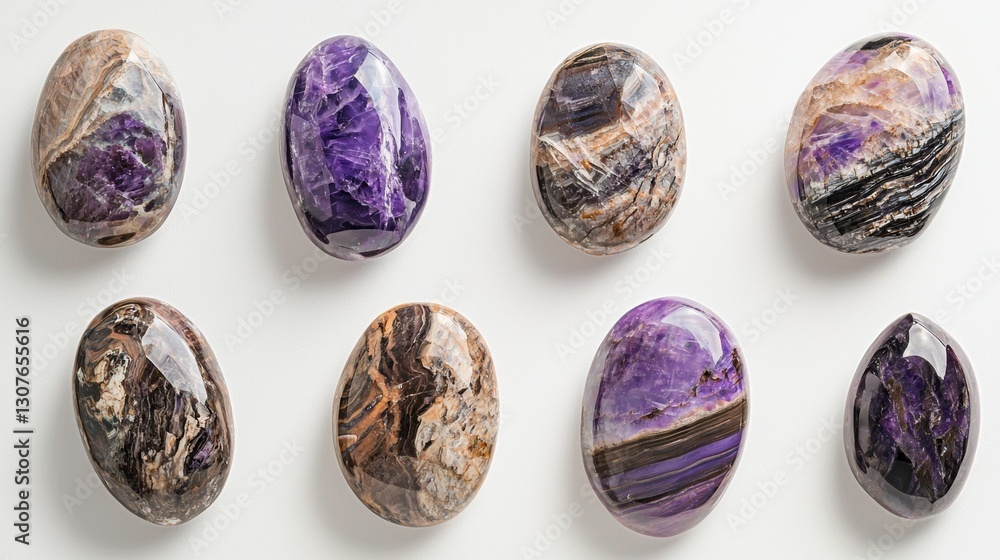 Poster group of nine oval-shaped objects arranged in a grid-like pattern on a white background. each object