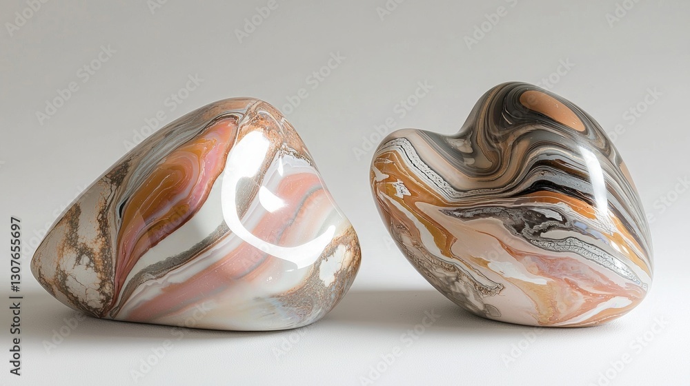 Poster two ceramic objects, one in the shape of a heart and the other in the form of a vase. the vase on th
