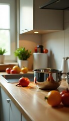 Shiny new kitchen gadgets, soft-focus kitchen scene, technology, food processor