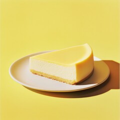 Bright slice of lemon cheesecake on white plate against yellow background