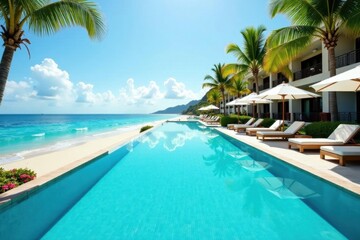 Sparkling blue water, luxurious resort pool with sun loungers , summer, deck chairs