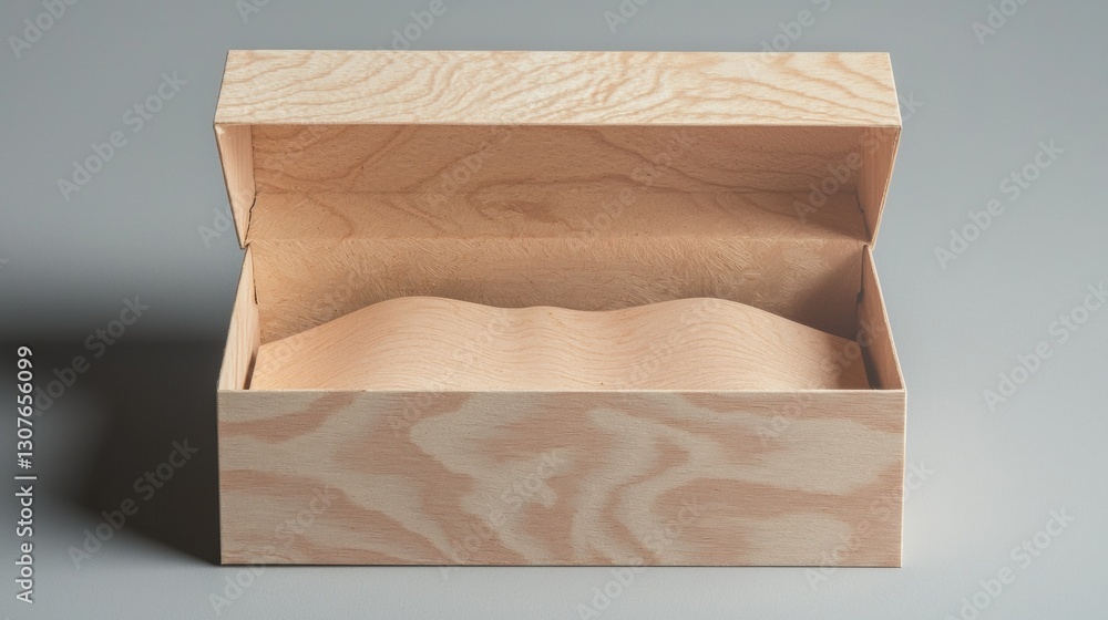 Poster 3d rendering of a wooden box with an open lid. the box appears to be made of light-colored wood with