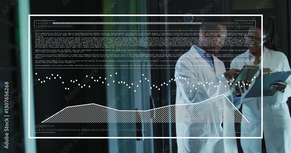 Poster in laboratory, scientists analyzing data with graphs and animation overlays