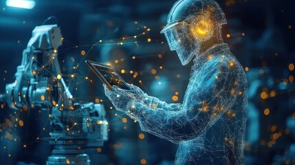 Industrial worker using tablet near robotic arm in factory