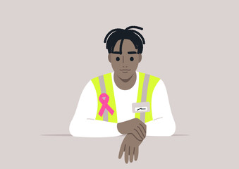 In a heartfelt display of support, a volunteer wears a bright pink ribbon symbolizing breast cancer awareness, embodying community spirit and commitment to health initiatives at a local event