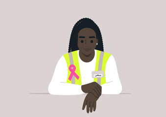 In a heartfelt display of support, a volunteer wears a bright pink ribbon symbolizing breast cancer awareness, embodying community spirit and commitment to health initiatives at a local event