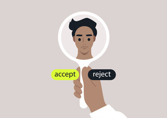 A hand holds a mirror displaying a self-portrait reflecting themes of acceptance and rejection, inviting introspection