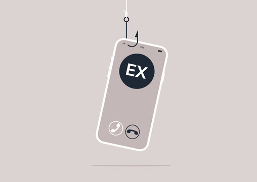 A mobile phone hangs from a hook, showcasing an incoming call labeled 'ex.' This artistic representation highlights the complex emotions associated with past romantic connections.
