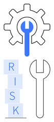 Gear with centered wrench icon, vertical RISK blocks, standalone wrench. Ideal for maintenance, strategy, risk management, problem-solving, planning, decision-making abstract line flat metaphor
