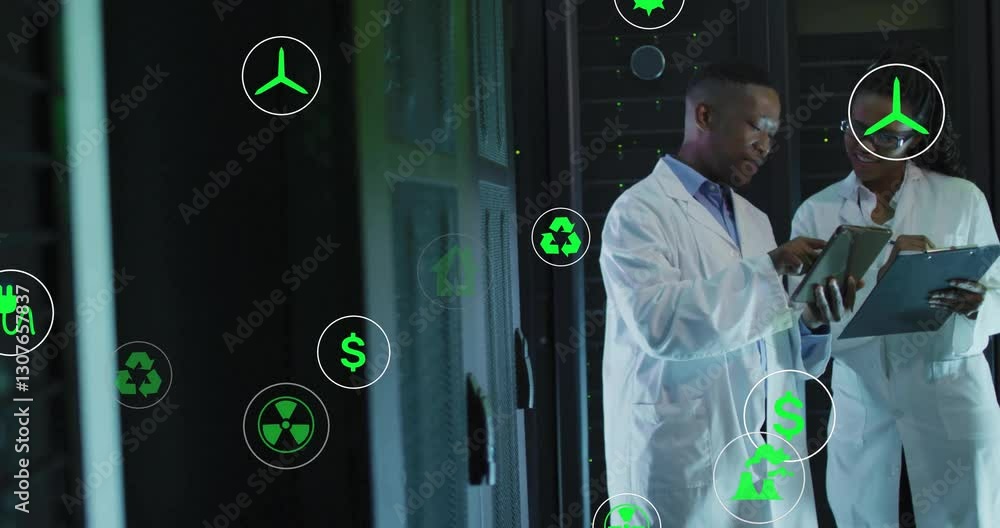 Poster in lab, scientists working with animation of technology icons overlaying scene