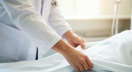 Healthcare professional making hospital bed, emphasizing cleanliness and patient care