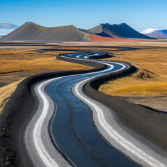 A curvy road over Mt. Namafjall with Hverir geothermal ground in foreground