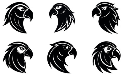 This image showcases six stylized parrot head logos, presented in a clean, black and white design.