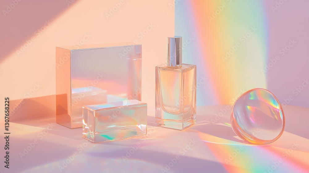 Poster three objects on a pink and purple background. on the left side, there is a rectangular glass box wi