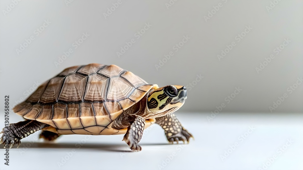 Poster a close-up of a turtle walking on a smooth surface, showcasing its patterned shell and unique facial