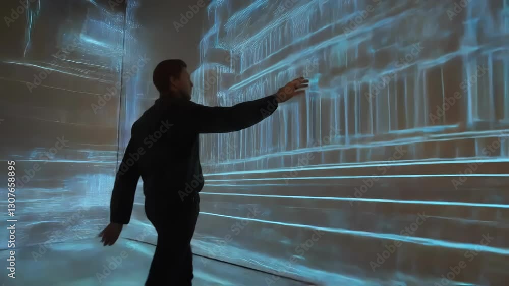 Poster professional software engineer navigating holographic urban design projection, interacting with adva