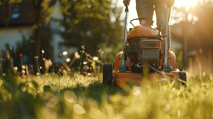 young man working with a garden mower