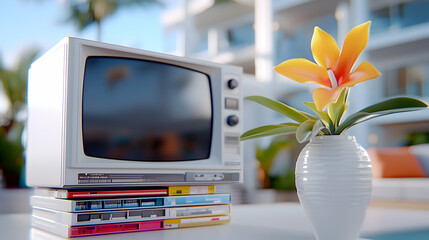 Retro Television with VHS Tapes and Orchid in Vase