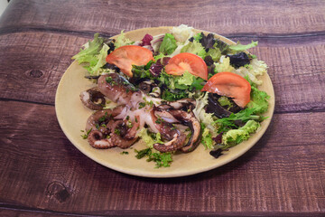 A plate of food with a piece of octopus and a salad