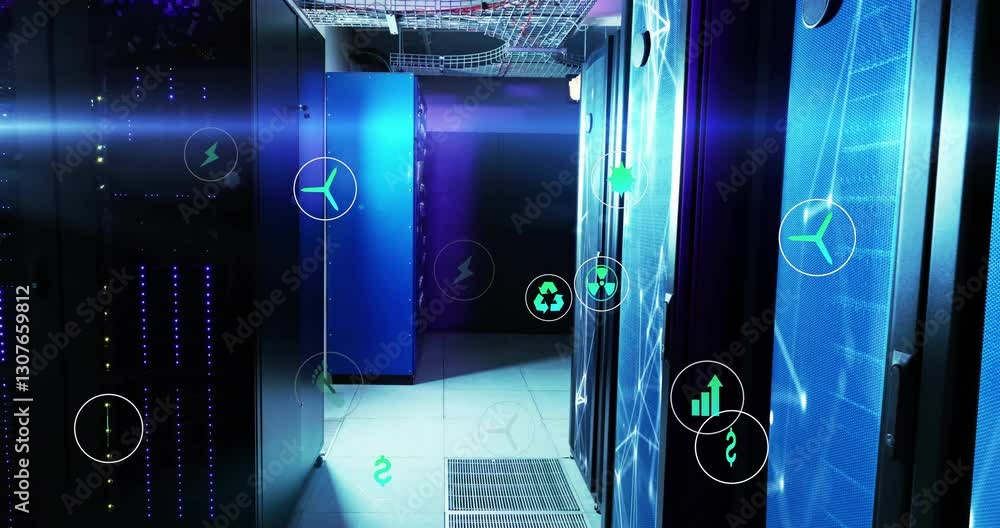 Poster energy efficiency icons overlaying server racks in data center corridor animation