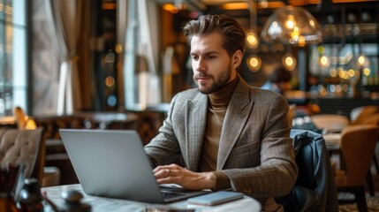 Freelancer working on laptop in a modern cafe while enjoying the freelance lifestyle