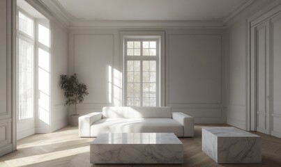 Fototapeta premium Sunny, minimalist living room with white walls, large windows, and a marble coffee table.
