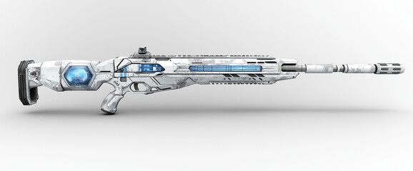futuristic weapon design featuring sleek, white body with blue accents and high tech appearance. This 3D render showcases intricate details and modern aesthetic