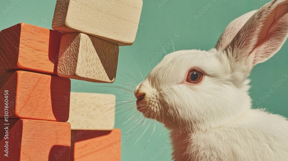 Poster close-up of a white rabbit's face and ears. the rabbit is looking towards the right side of the imag