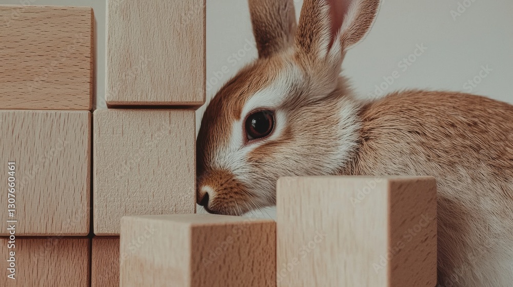 Poster close-up of a rabbit's face peeking out from behind a stack of wooden blocks. the rabbit has light b