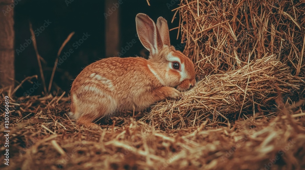 Aufkleber small brown rabbit sitting on a bed of hay. the rabbit is facing towards the right side of the image