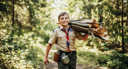 Boy scout carrying firewood in forest Sunny day